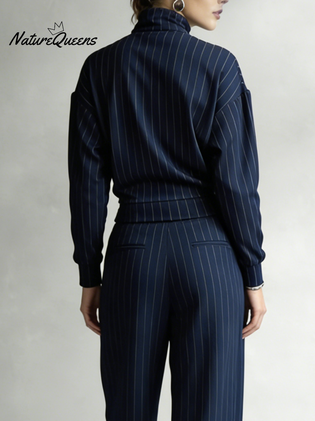 Women's Striped Stretch Cotton Half-zip Top And Wide-leg Pants Two-piece Set