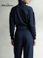 Women's Striped Stretch Cotton Half-zip Top And Wide-leg Pants Two-piece Set