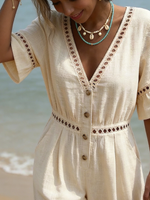 Casual Openwork Lace Loose-fit Wide-leg Cotton-linen Jumpsui