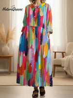 Women's Pleated Vintage Patterns Print Doll Collar Casual Long-sleeved Dress