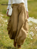 Women's Solid Color High-waisted Drawstring Casual Loose Cotton Wide-leg Pants