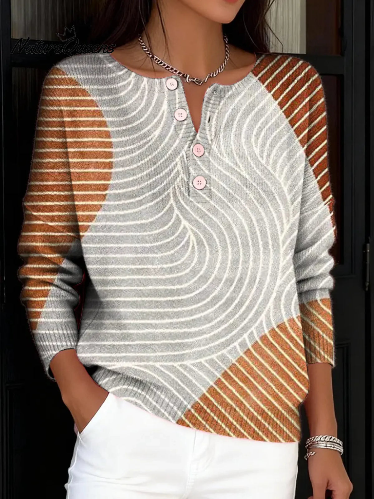 Women's Vintage Abstract Geometry Art Print Buttoned Cardigan Sweater