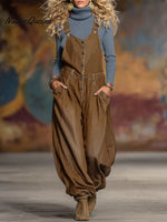 Women's Solid Color Sleeveless Casual Loose Cotton Overalls Wide-leg Pants