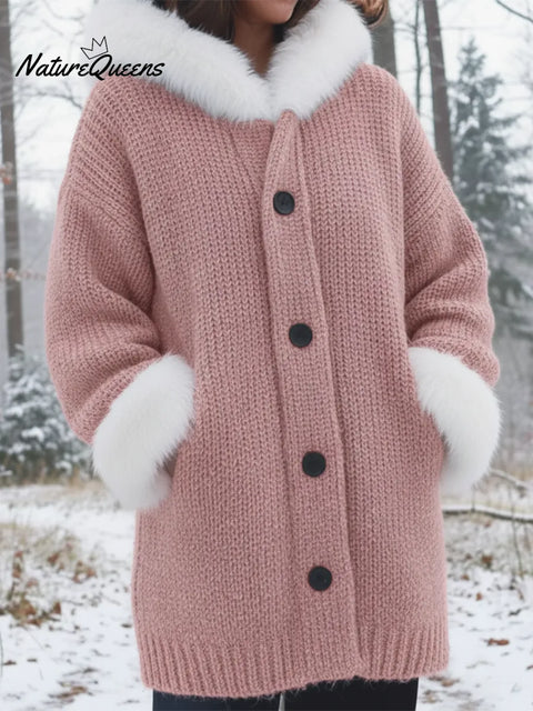 Cozy Fur-collar Patchwork Knit Button-down Coat