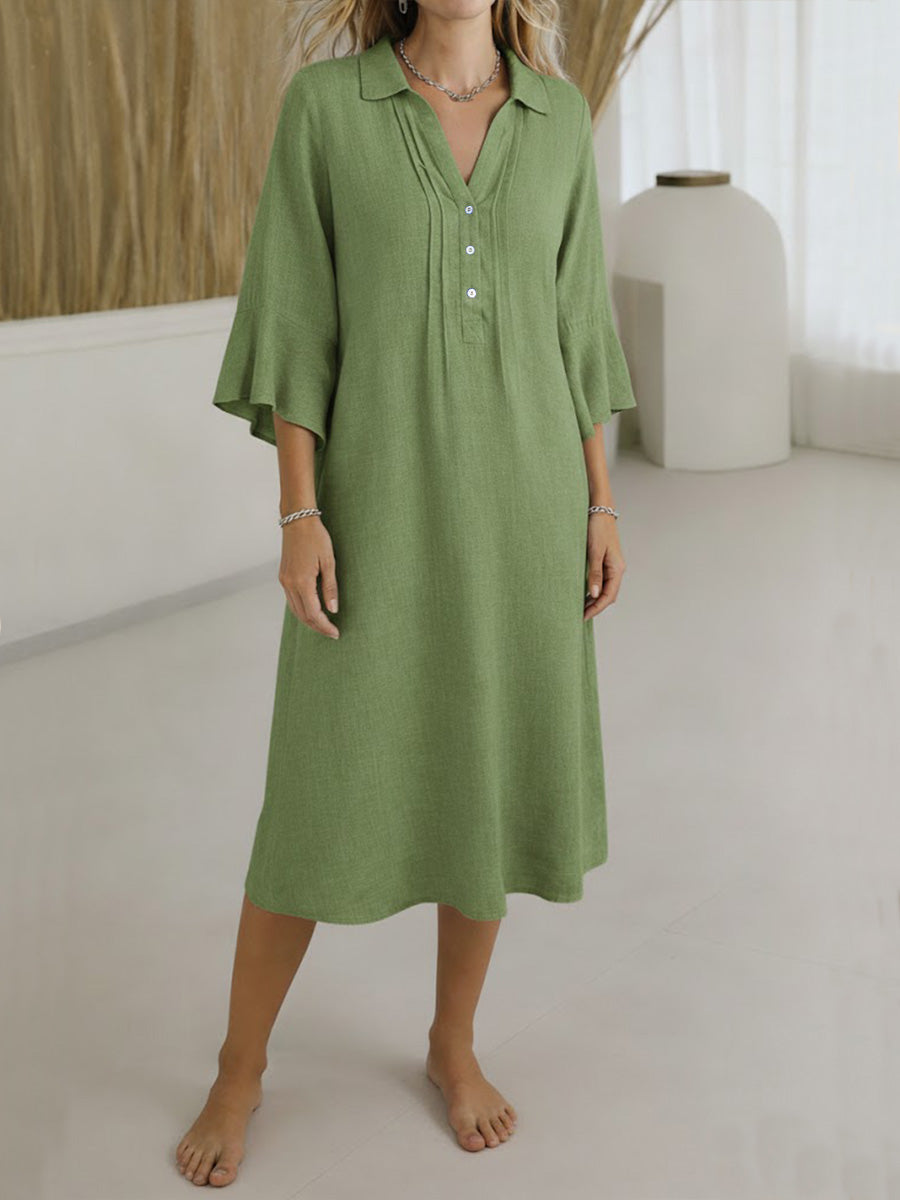 Women's Solid Color V-neck 3/4 Sleeve Casual Loose Linen Dress