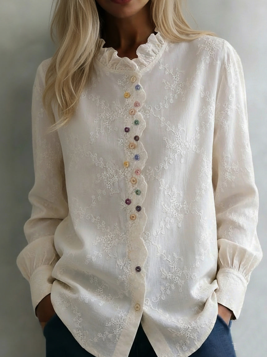 Colorful button bouquet embroidered cotton shirt