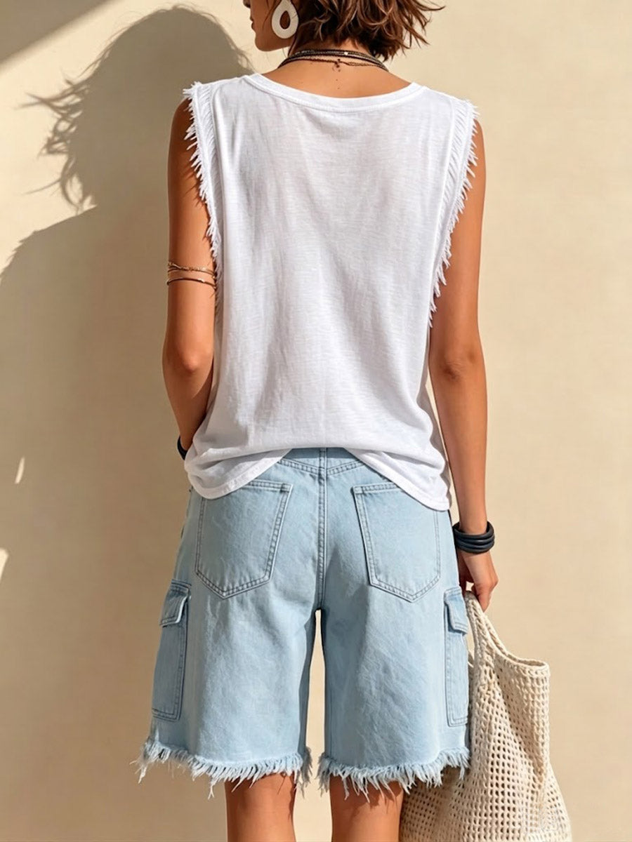 Women's Solid Color V-neck Sleeveless Casual Loose Cotton-linen Top