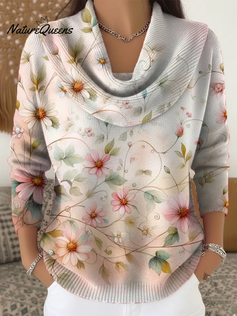 Women's Floral Pattern Art Print Casual Cowl Neck Sweater
