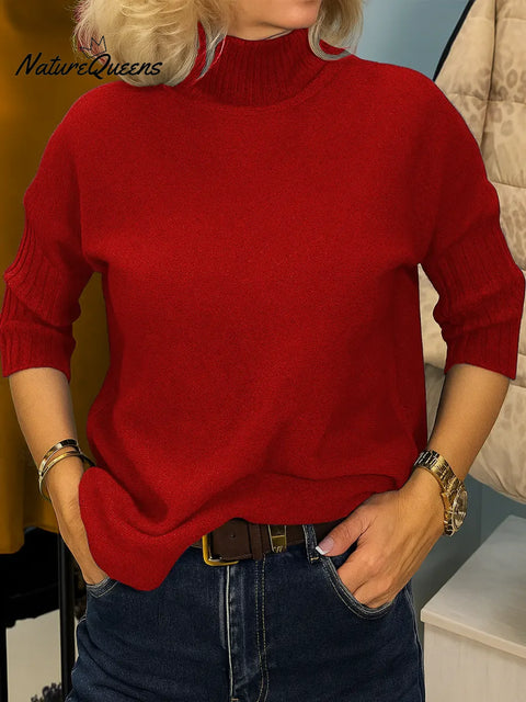 Women's Solid Color Turtleneck Three-quarter Sleeve Casual Loose Knit Pullover
