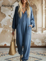 Casual Cozy Loose Hooded Button-up Cotton Jumpsuit