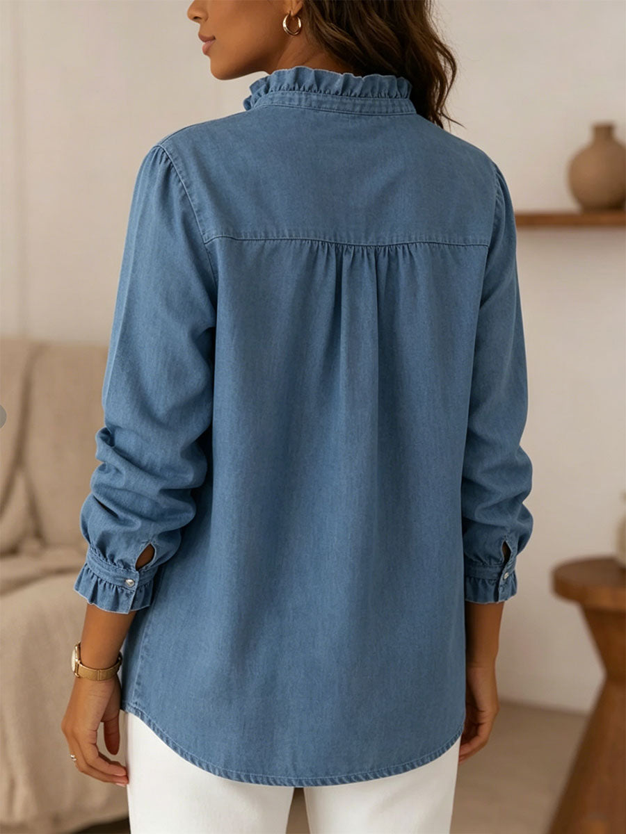 Women's V-neck Ruffled Long-sleeve Denim Shirt