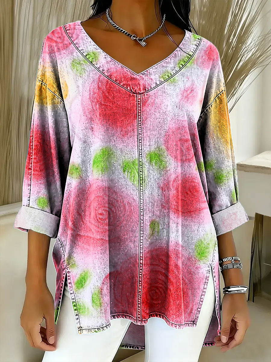 Women's Retro Gradient Flowers Floral Art Patterns Casual Washed Denim Cotton Top