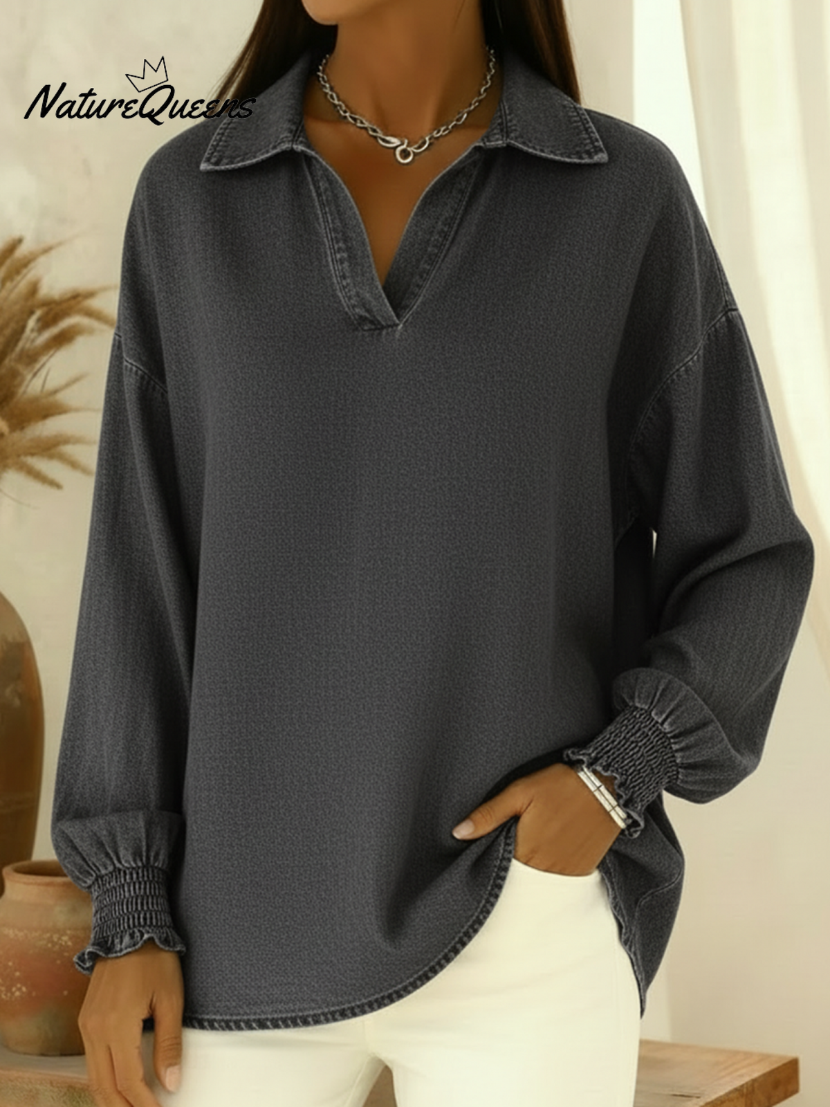Casual Polo-neck Denim Pullover Shirt