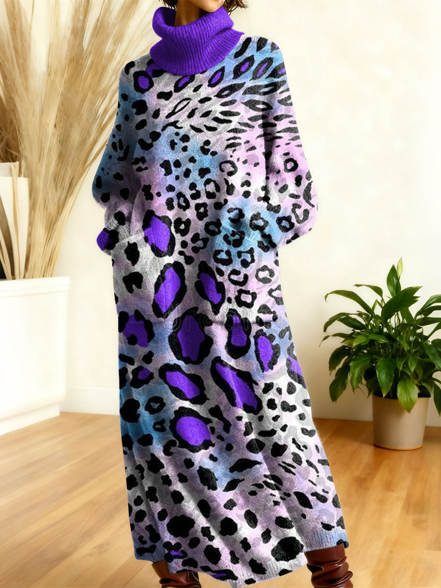 Women's Retro Colorful Leopard Patterns Art High-neck Long-sleeve Casual Loose Knit Dress