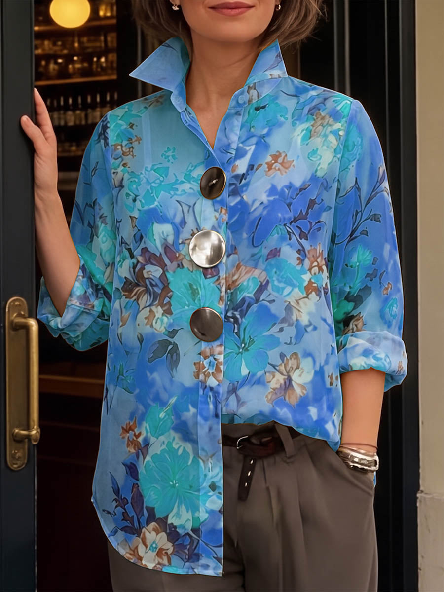 Women's Vintage-print Lapel Shirt — Long Sleeve Casual Loose Fit