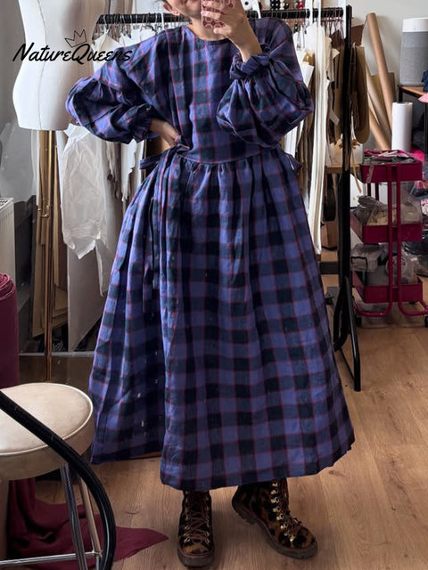 Women's Cotton And Linen Plaid Lantern Sleeve Dress