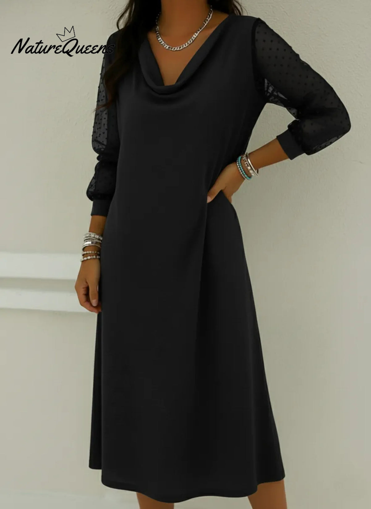 Vintage Cowl Neck Lantern Sleeve Midi Dress