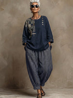 Bohemian Art Print Linen And Cotton Two-piece Top And Pants Set