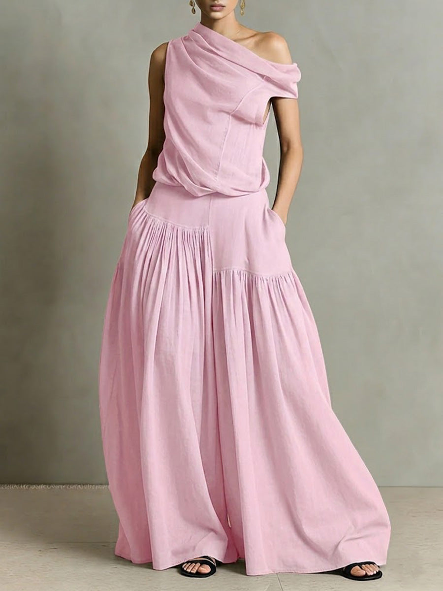 Women's Round Neck Sleeveless Casual Loose Top And High-waisted Casual Loose Wide-leg Pants Cotton And Linen Set