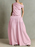 Women's Round Neck Sleeveless Casual Loose Top And High-waisted Casual Loose Wide-leg Pants Cotton And Linen Set