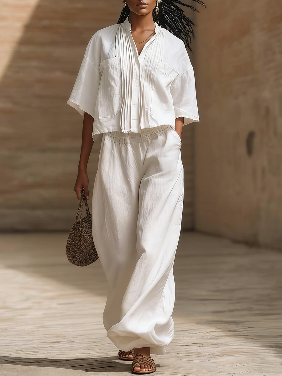 Casual Pleated Shirt & Wide-leg Pants Cotton Linen Two-piece Set
