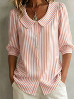 Retro Peter Pan Collar Striped Cotton-linen Shirt