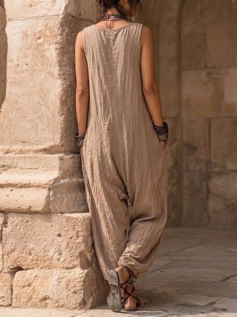 Women's Bohemian Pattern Printed Cotton-linen Sleeveless Jumpsuit
