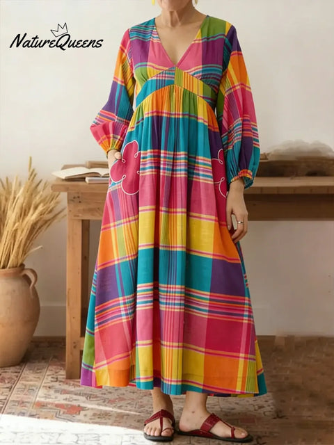 Women's Colorful Plaid Print V-neck Long Sleeve Casual Loose Cotton Linen Dress