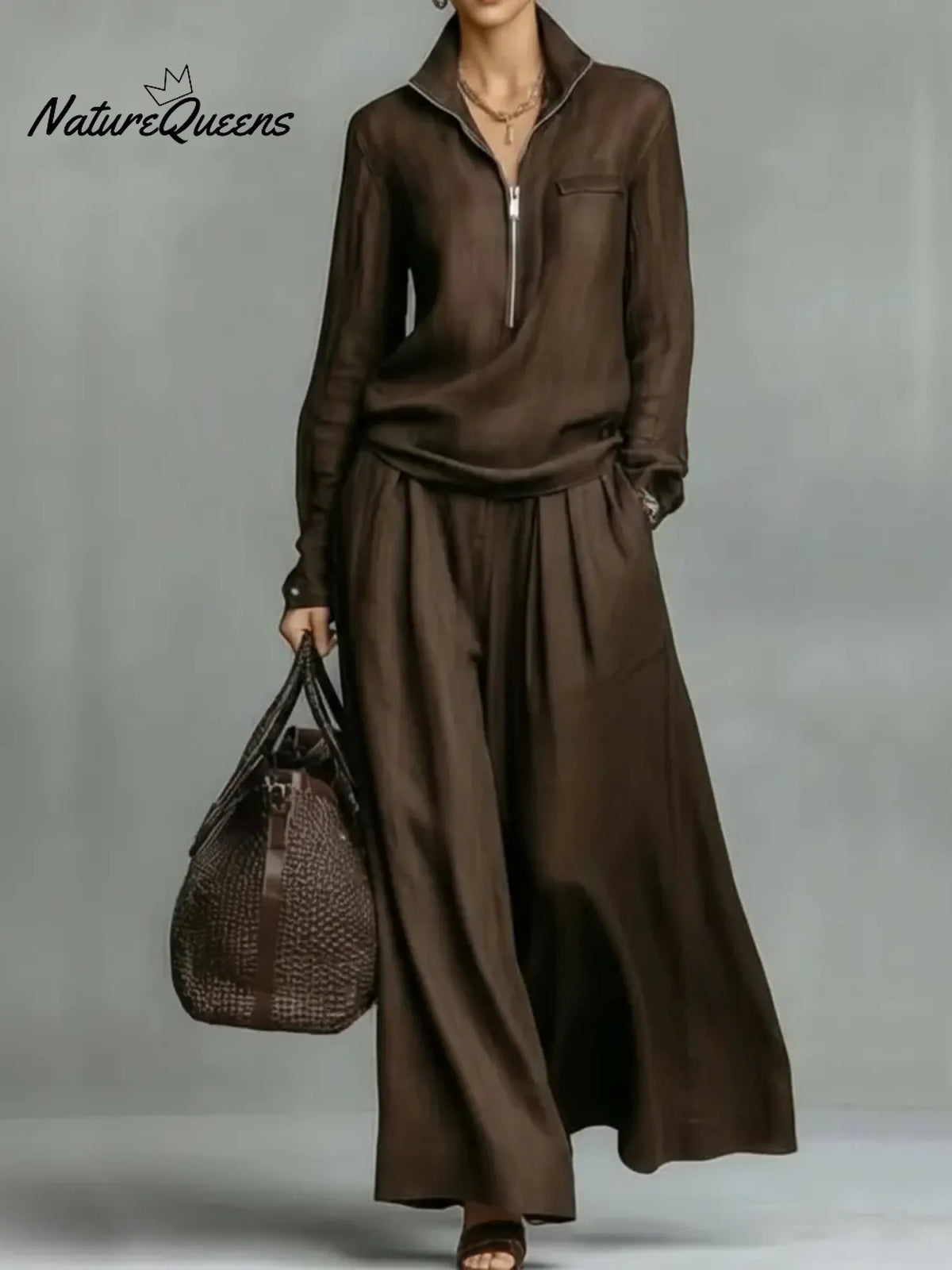 Women's Half-zip Top And Wide-leg Pants Two-piece Set