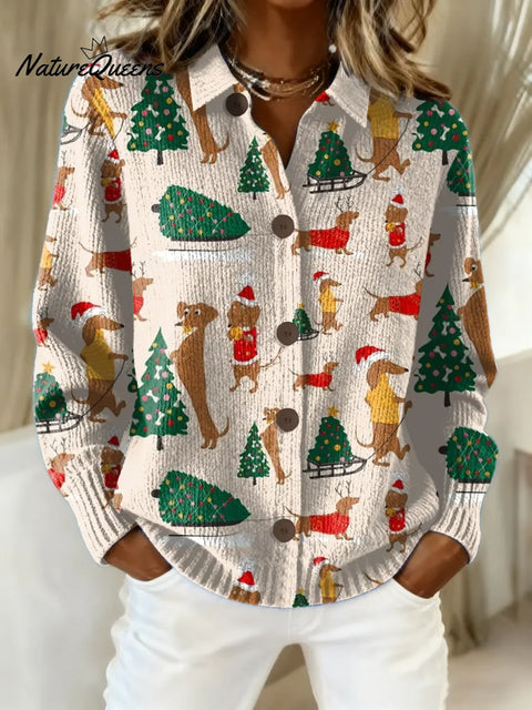 Women's Funny Christmas Dogs Pattern Art Print Casual Cotton Knitted Sweater