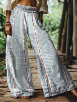 Blue & Orange Geometric Stripe Cotton-linen Elastic Waist Wide-leg Pants