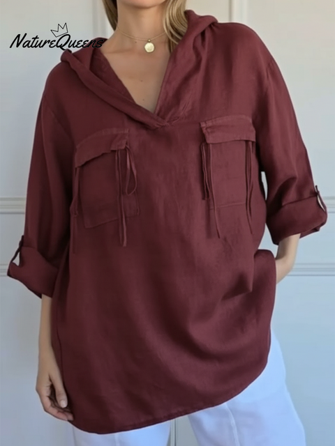 Women's Casual Pocket Cotton and Linen Hooded Top