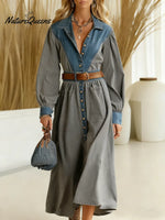 Women's Denim Solid Color Patchwork Shirt Collar Long Sleeve Casual Loose Shirt Dress