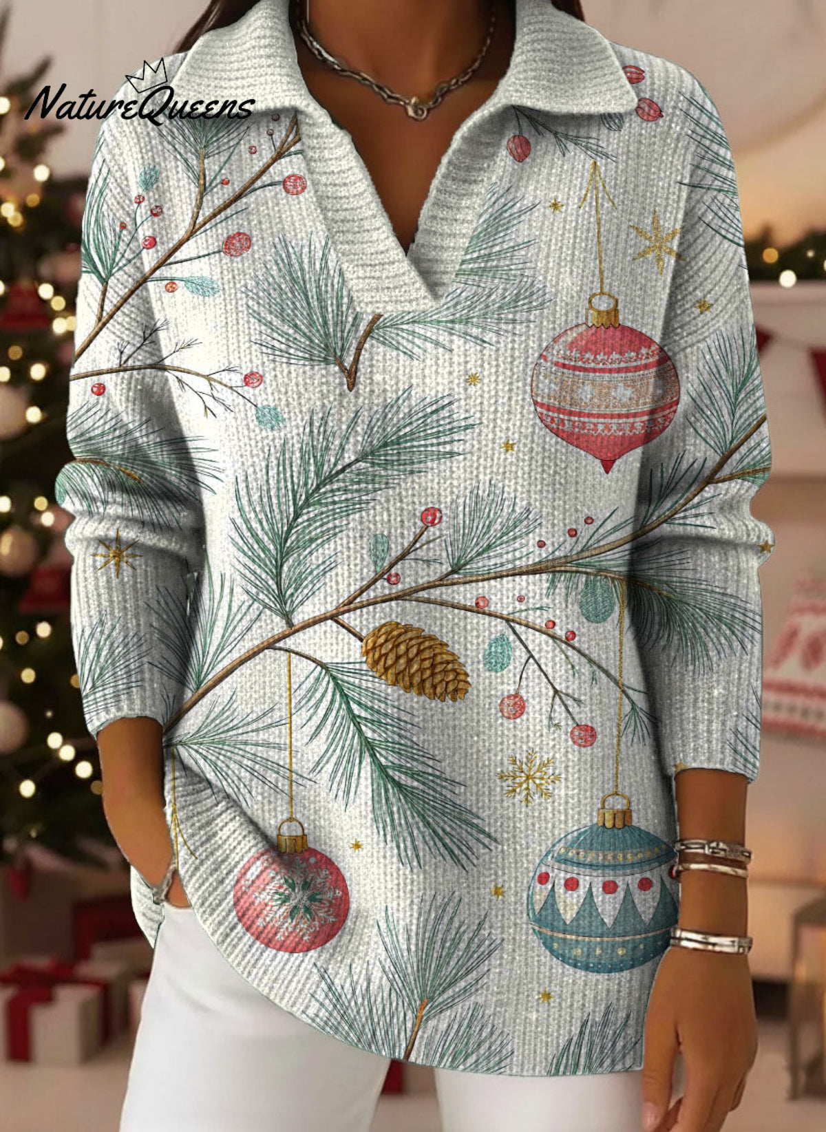 Exquisite Christmas Tree Decorations Decorative Patterns Women's Casual Shirt Collar Long Sleeve Sweater
