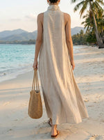 Vestido largo de lino con cuello alto para mujer