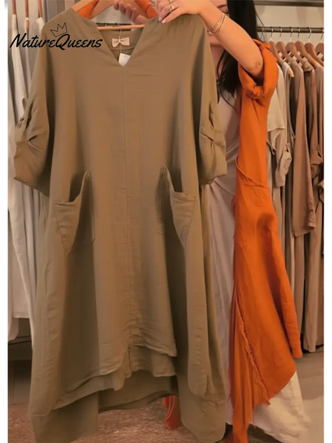 Women's Casual V-neck Pocket Cotton Linen Dress