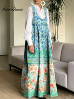 Women's Retro Splicing Colorful Flowers Pattern Art Print Casual Cotton Denim Dress