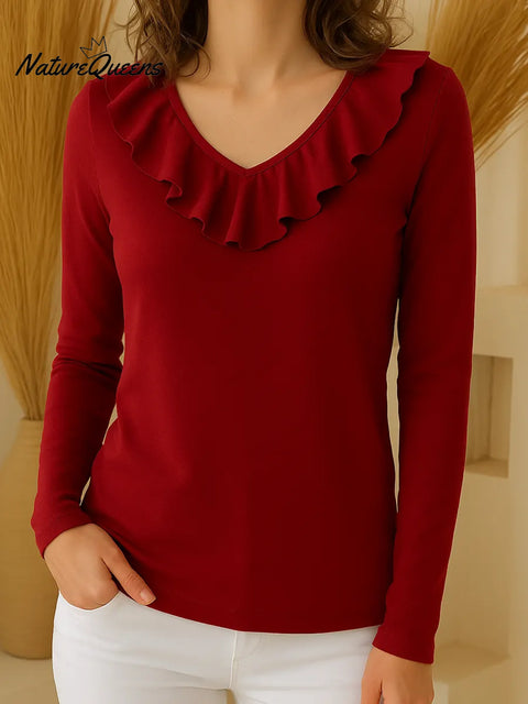 Women's Solid Color V-Neck Long Sleeve Ruffle Pullover