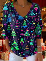Women's Christmas Trees Snowflake Pattern Art Print V-neck Solid Color Loose Shiny Sweater