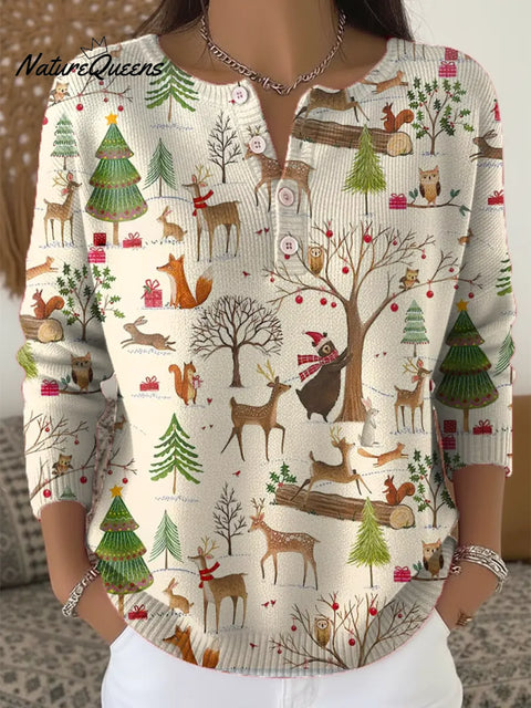 Women's Lovely Christmas Animals Pattern Art Print Buttoned Cardigan Sweater