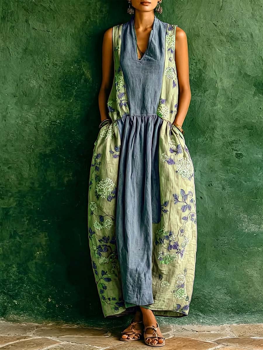 Women's Vintage-print Patchwork V-neck Sleeveless Loose-fit Cotton-linen Casual Dress