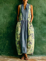 Women's Vintage-print Patchwork V-neck Sleeveless Loose-fit Cotton-linen Casual Dress