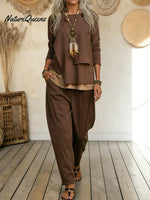 Women's Casual Asymmetrical Hem Cotton Top And Pants Two-piece Set