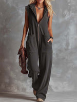Women's Solid Color Sleeveless Casual Loose Hooded Cotton Wide-leg Jumpsuit
