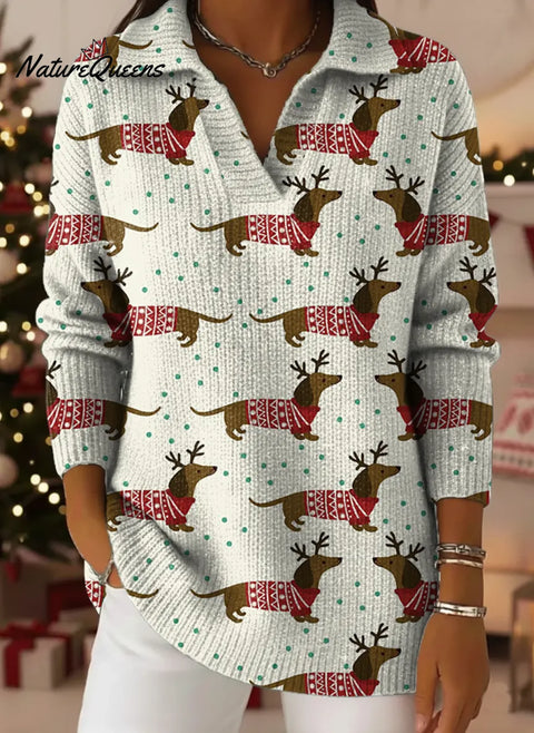 Christmas Dog Print Lapel Casual Knit Sweater