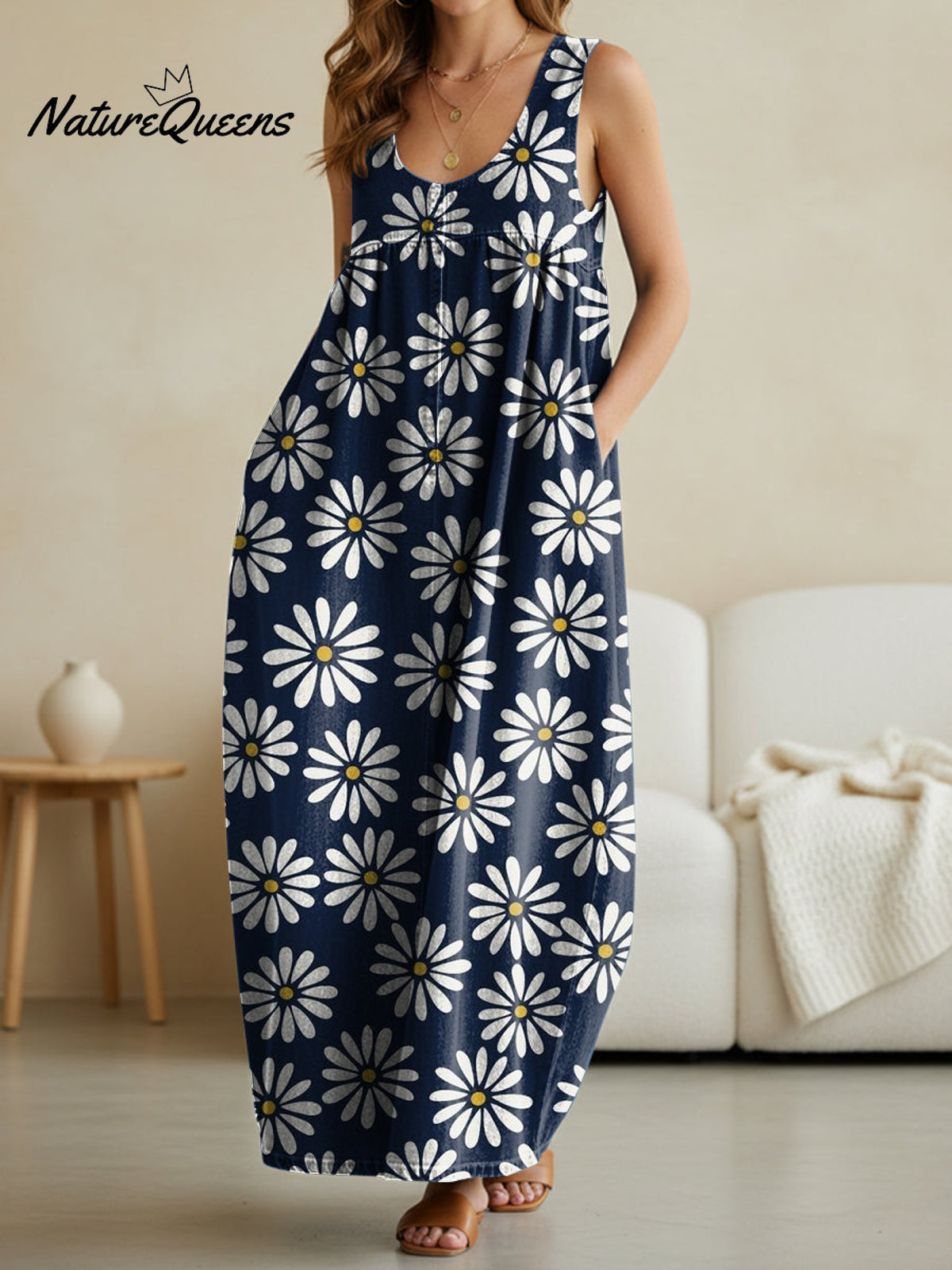 Women's Vintage Little Daisy Print Casual Loose Denim Vest Dress