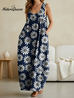 Women's Vintage Little Daisy Print Casual Loose Denim Vest Dress