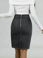 Casual Denim Skirt With Metal Ring Embellishments.