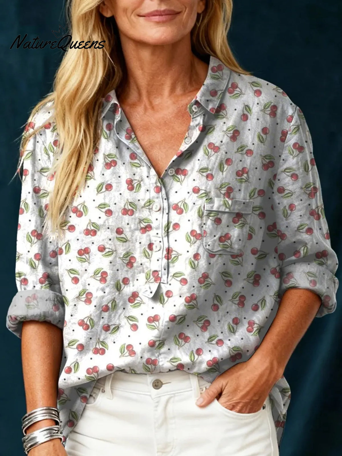 Women's Vintage FlowerArt Print Casual Cotton And Linen Shirt