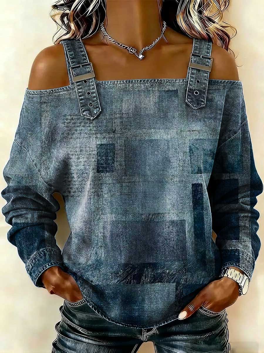 Women‘s Gradient Denim Color Print Casual Cotton Denim Shirt